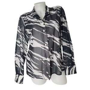 Vintage Vicki Wayne Sheer Black & White Zebra Print Button Up Shirt Size Medium